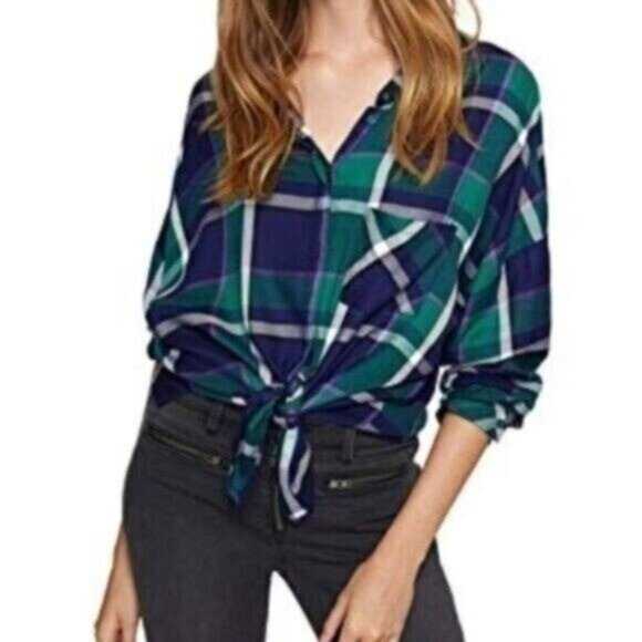 Sanctuary Shirt XS Navy Green Plaid Tie Front Button Down Casual - Picture 1 of 8